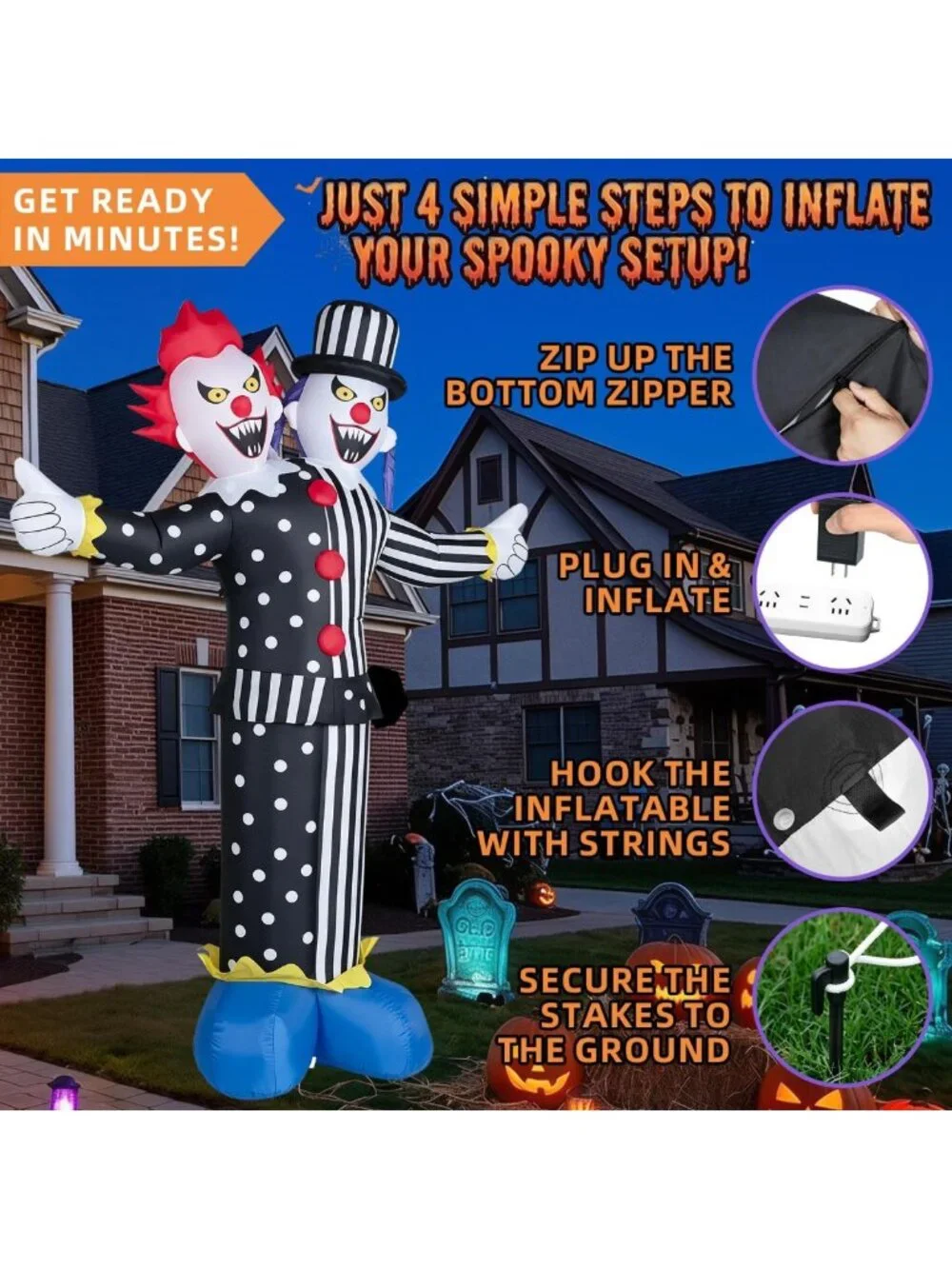8FT Halloween Inflatable Clown with LED Lights - Outdoor Yard Blow-Up Decor
